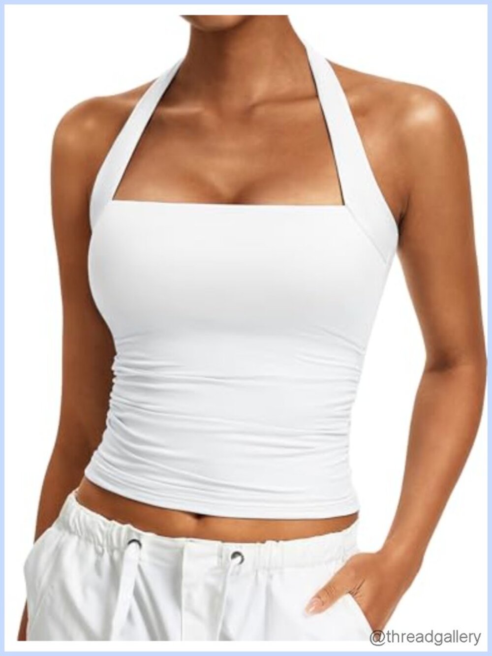 Halter Tank Top Double Layer Square Neck Ruched Slim Fit Y2K Summer Top